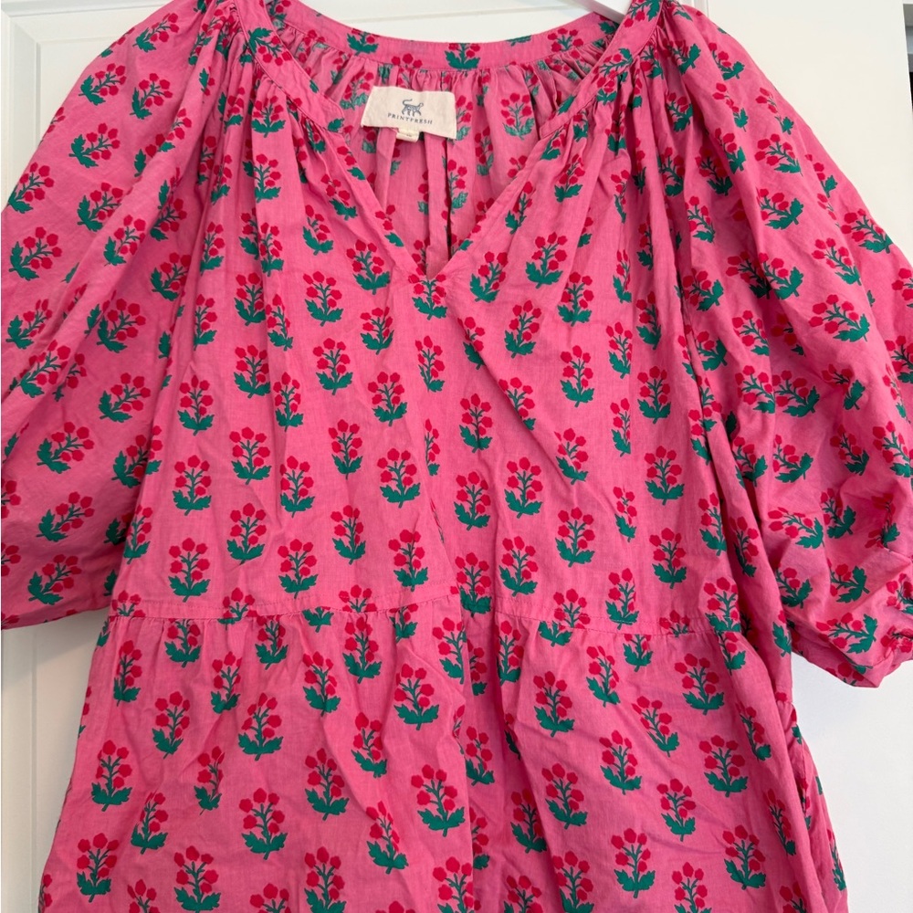 Printfresh Pink Puff Sleeve Blouse with Ruffled Tie Front
